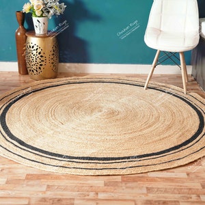 Indian Hand Braided Natural Jute Round Rug with Black Border Yoga Mat Handmade Round Rug Bohemian Rug Doormat Turkish Rug Living Room Rug