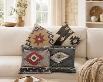 Set of 4 Handwoven Wool Jute Cushion Covers: Bohemian Home Decor, 18x18 Throw Sofa Decor Kilim Cushion Covers, Vintage Decor