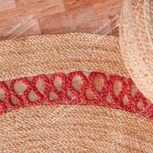 Hand Braided Round Jute Rug With Red Lattice Border, Custom Size Rug, Christmas Gift, Indian Handmade Jute Rug, Home Decor Rug, Moroccan Rug image 6