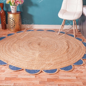 Indian Hand Braided Natural Jute Round Rug with Light Blue Scallop Boho Decor Rug Jute Area Rug Handmade Jute Rug Custom Size Rug Rag Rug