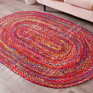 Indian Handmade Oval Chindi Cotton Rug Yoga Mat Bohemian Doormat Turkish Rug Living Room Rug Vintage Rug Oval Jute Carpet Christmas Gift