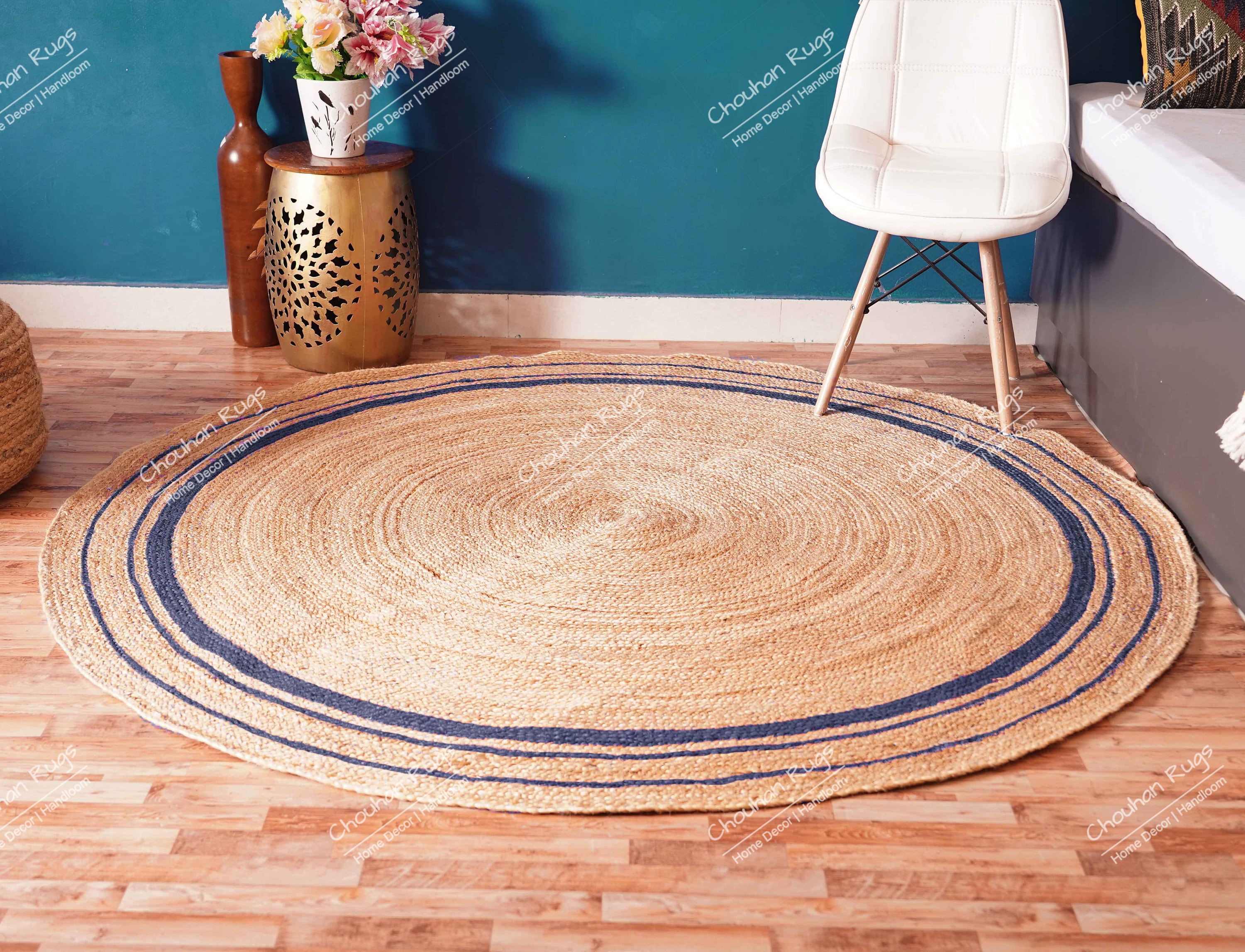 Indian Handmade Natural Jute Braided Round Rug With Navy Blue