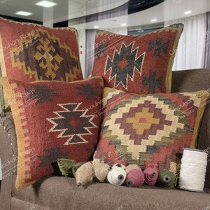 4 set yute Vintage Kilim almohada, decoración del hogar, almohada turca tejida a mano, almohada marroquí, almohada de tiro decorativa, cubierta de cojín Kilim, almohada de yute Set 1