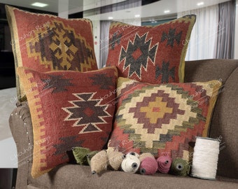 4 set yute Vintage Kilim almohada, decoración del hogar, almohada turca tejida a mano, almohada marroquí, almohada de tiro decorativa, cubierta de cojín Kilim, almohada de yute