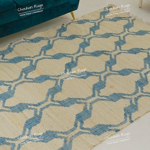 Ivory Blue Scandinavian Design High-Quality Hand Woven Flat-weave Kilim Modern Boho Geometric Rug, Customize in Any Size