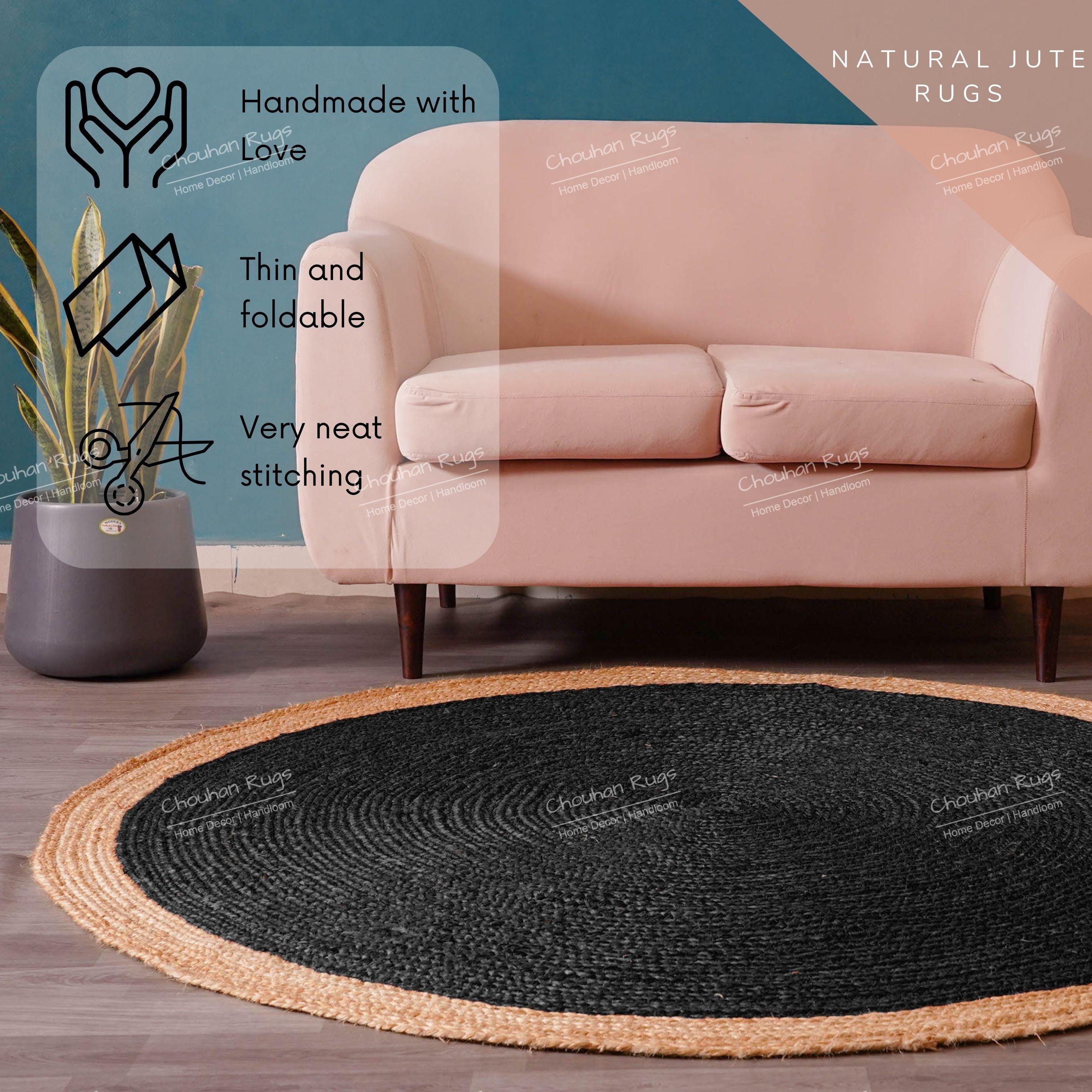 Custom Size Hand Braided Black Jute Round Rug With Beige Border