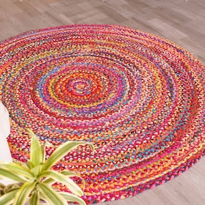 Hand Braided Bohemian Colorful Cotton Chindi Area Rug multi color Home Decor Rugs cotton area rugs Round Rug Home Decor Rag Rug Area Rug