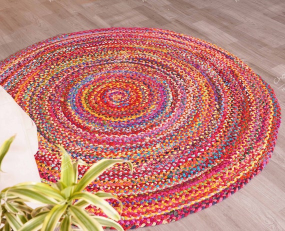 Hand Braided Bohemian Colorful Cotton Chindi Area Rug Multi Color Home  Decor Rugs Cotton Area Rugs Round Rug Home Decor Rag Rug Area Rug 