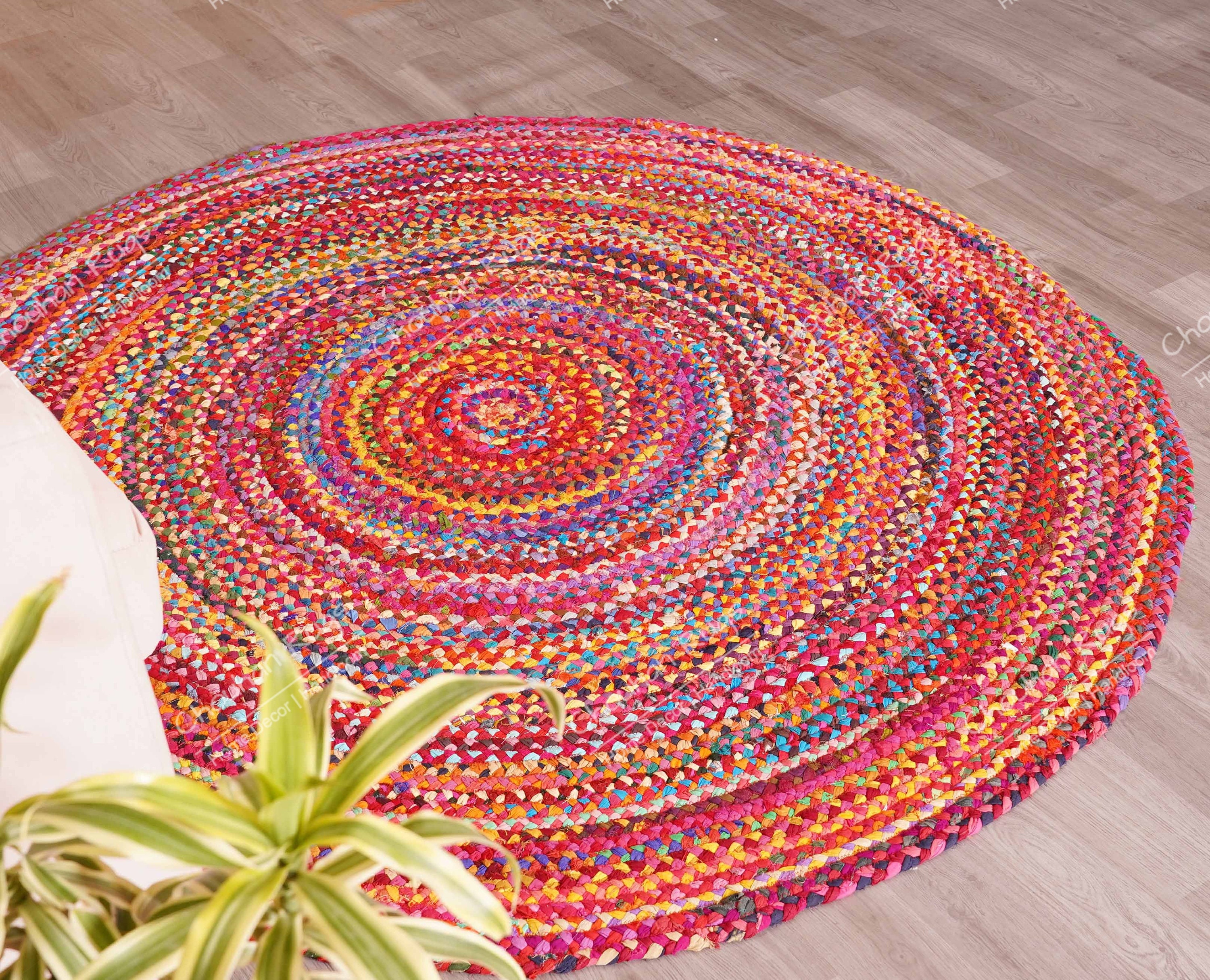 Hand Braided Bohemian Colorful Cotton Chindi Area Rug Multi Color