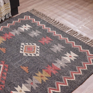 Wool and Jute Rug Handmade, Kilim Dhurrie Rug, Traditional Indian/WOOL JUTE RUGS