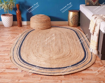 Home Decor Vintage Handmade Natural Jute Braided Turkish Oval Rug With Navy Blue Border Indian Traditional Vintage Nursery Oushak Area Rug