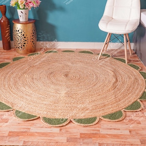 Custom Size Hand Braided Natural Jute Round Rug with Dark Green Scallop Boho Decor rug Jute Area Rug Handmade Jute Rug Rag Rug Room Decor