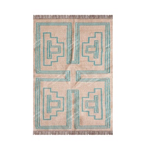 Traditional Handwoven Indian Village Art Wool Jute Runner, Off White With Turquoise Design Vintage Decor Kilim Wool Jute Rug Boho Decor Rug