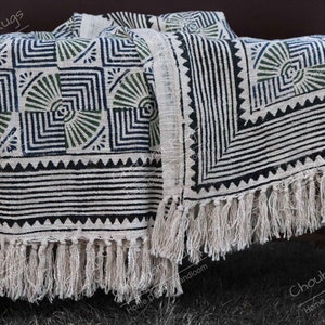 Indian Soft Cotton Throws Blankets for Sofas Black & White Hand Loom Hand Block Printed Bed Runner Boho Cotton Fringed Blanket Beach Throw