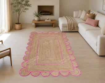 Hand Braided Jute Rug with Pink Scalloped Border, Custom Size Large Area Handmade Scalloped Design Jute Rug / Runner, Boho Home Decor