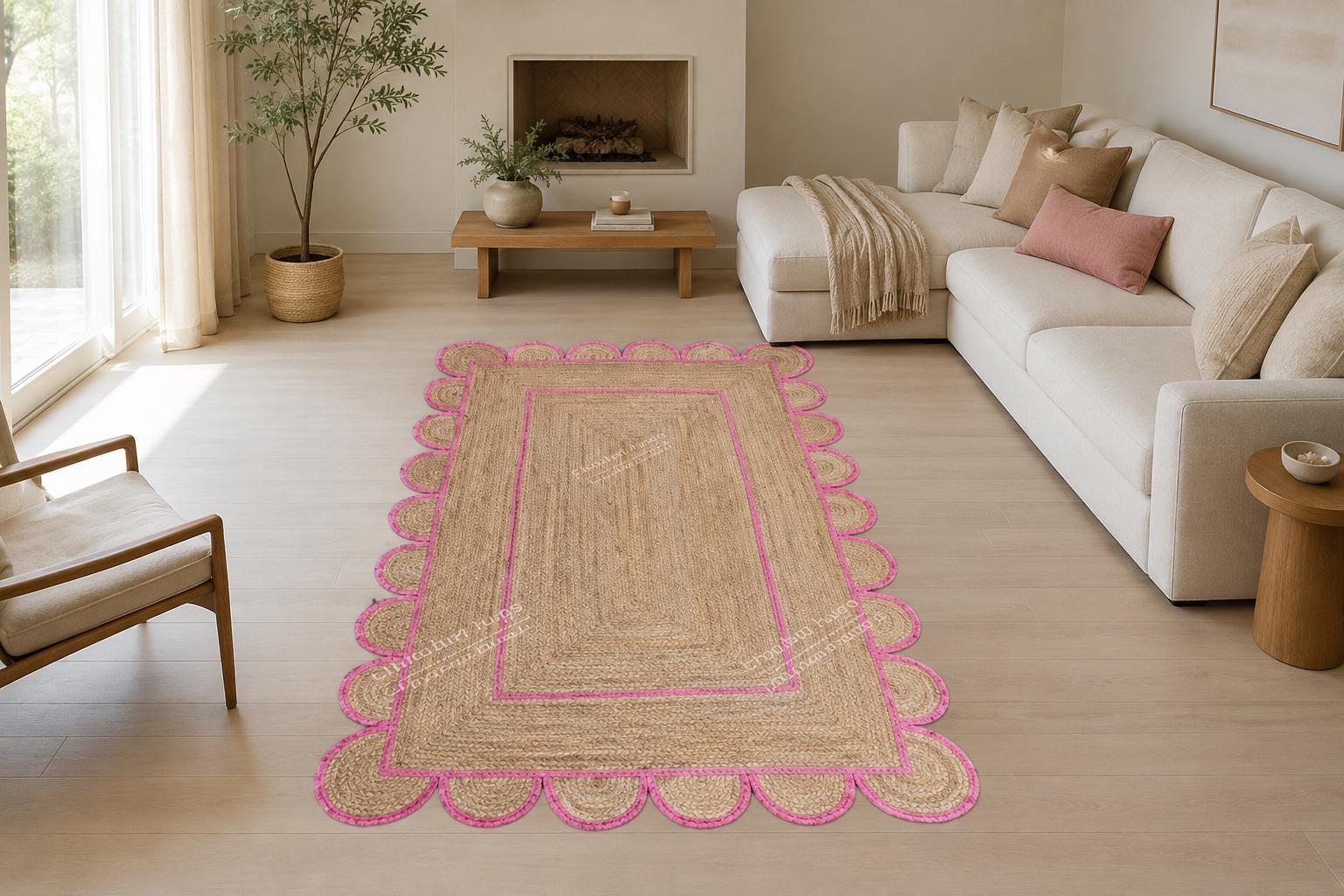 Hand Braided Jute Rug With Pink Scalloped Border, Custom Size