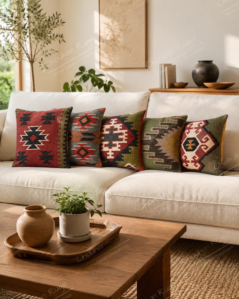 May include: Five square throw pillows arranged in a row on a cream-colored sofa. Each pillow features a distinct woven geometric pattern in various color combinations including red, olive green, charcoal, and cream, showcasing intricate textile designs.