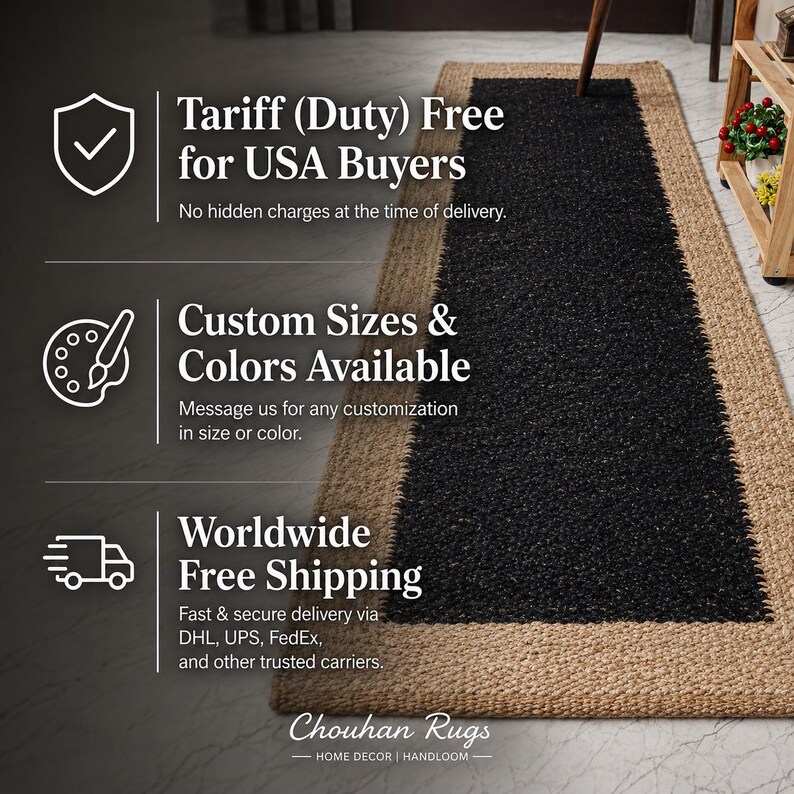 Handwoven Hemp Jute Runner Rug, Black Center Stripe Natural Fiber Rug, Boho Farmhouse Hallway Runner, Rustic Entryway Decor Carpet image 4
