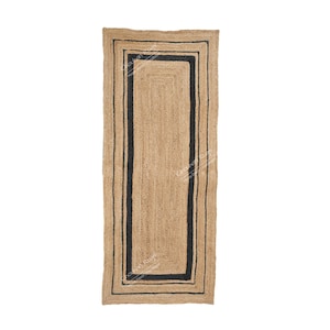 Hand Braided Natural Jute Runner Rug With Black Triple Line Border Large Area Jute Rug