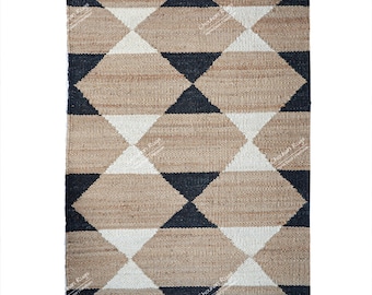 Handwoven Hemp Geometric Rug | Natural Tan, Black & Off-White Diamond Pattern Floor Decor, Hemp rug for home and living room decor