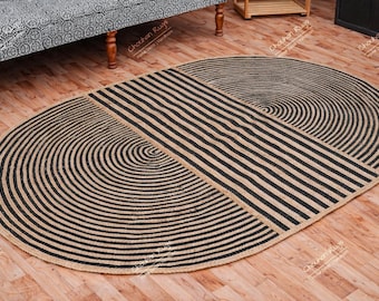 Handmade Jute Oval Rug: Black Stripe | Eco Friendly Bohemian Decor | Handbraided Jute Rug for Bedroom | Natural Fiber Rug | Cozy Boho Decor