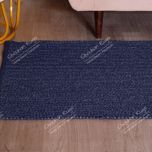 Indian Handmade Navy Blue Jute Runner Rug Bohemian Jute Rug Customization in Color and Size