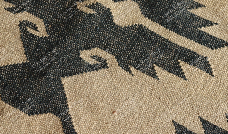 Handgjord kelimmatta i ulljute: Svart och beige Dhurrie, vintage halldekor ulljutematta, stor matta, plattvågig kelimmatta bild 1