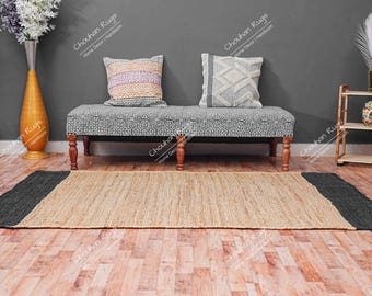 Indian Handmade Natural Braided Jute Rug with Customized Color Border Vintage Area Rug Floor Decor Rug Christmas Gift Living Room Rug