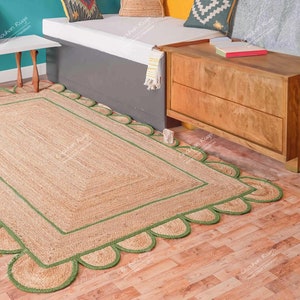 Green Scalloped Border Handmade Natural Jute Braided Boho Rug Bohemian Rug Jute Area Rug Handwoven Jute Rug Custom Size Rug