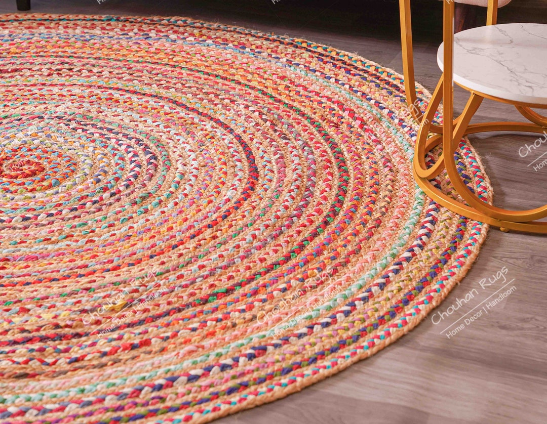 Hand Braided Cotton and Jute Multi-color Round Rug, Indian