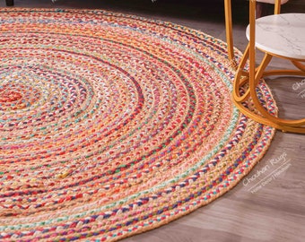 Cotton Multi-color Round Rugs Indian Handmade Jute & Cotton Round Purely  Rugs Braided Beautiful Traditional Rugs Room Decor Carpet