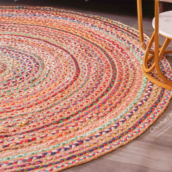 Cotton Multi-color Round Rugs Indian Handmade Jute & Cotton Round Purely  Rugs Braided Beautiful Traditional Rugs Room Decor Carpet