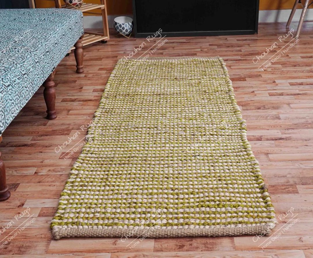 Hand Loomed off White and Green Jute Runner Rug Large Area Hemp Rug ...