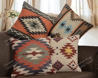 Lot de 4 oreillers en kilim vintage en jute, décoration d'intérieur, oreiller turc tissé à la main, oreiller marocain, coussin décoratif, housse de coussin kilim, oreiller en jute