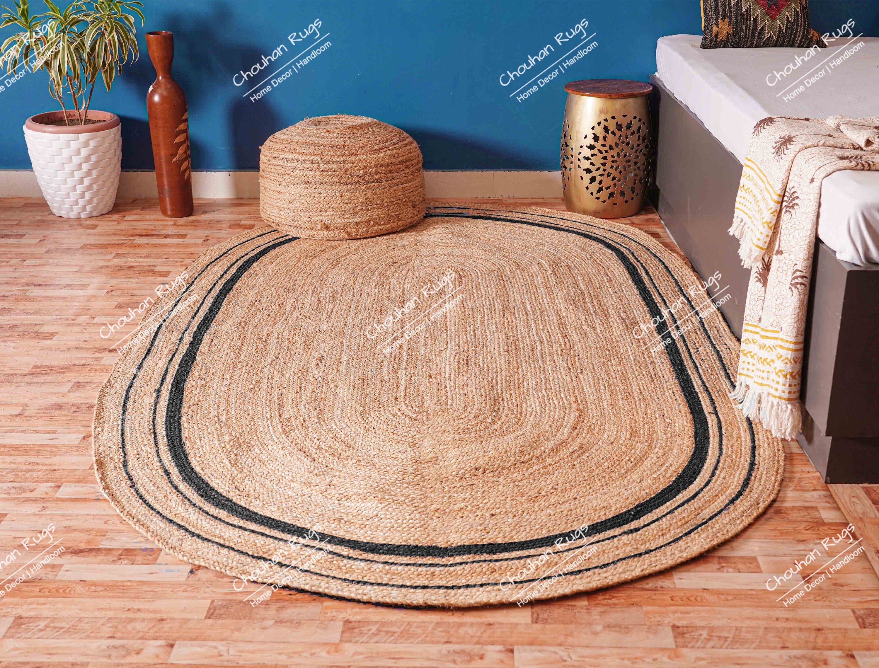 4x6 5x8 6x9 8x10 Handmade Braided Natural Jute Oval Rug With Blue