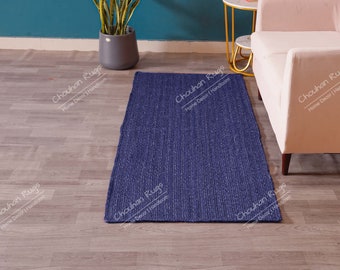Alfombra trenzada de yute natural, hecha a mano, tejida a mano, alfombra de área de yute azul sólido, alfombra Kilim, alfombra de cáñamo, alfombra natural sostenible, alfombra boho india, alfombra de pasillo
