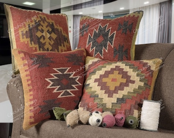 Jutekissen, handgewebtes 4er Set 45x45 cm Jutekissenbezüge, Kilim Kissenbezüge, Dekorative Sofakissen Bezüge, Weihnachtsgeschenke