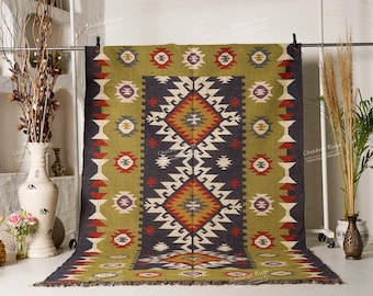 Colorful Handmade Wool Jute Kilim Rug Vintage Large Jute Rug Custom Size Rug Rectangle Jute Rug eco friendly Rug Boho Decor Rug Living Home