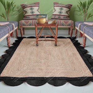 Indian Hand Braided Natural Jute Braided Rug with Color Scallop Handmade Jute rug Turkish Rug Living Room Rug Vintage Rug Jute Carpet