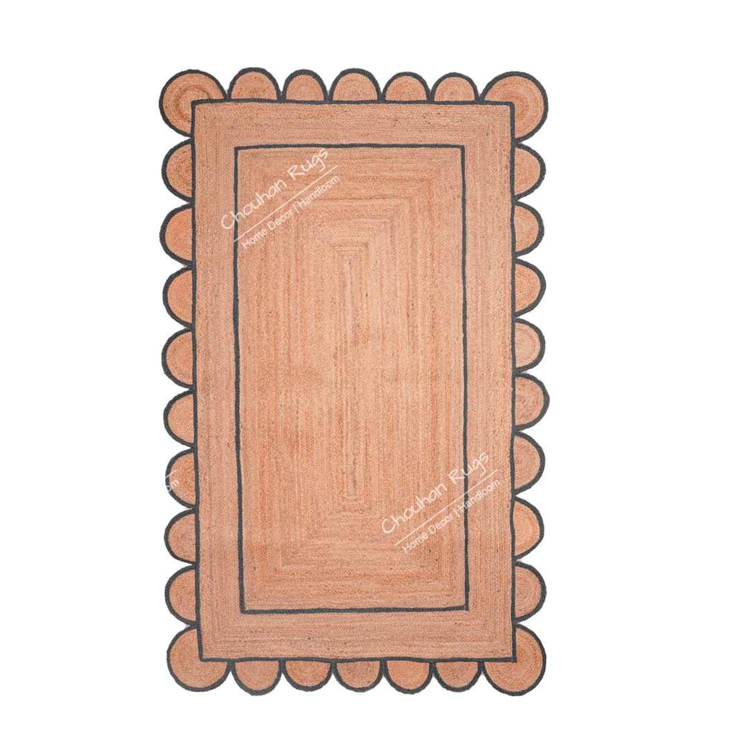 Scalloped Hand Braided Natural Jute Rug With Color Border Etsy
