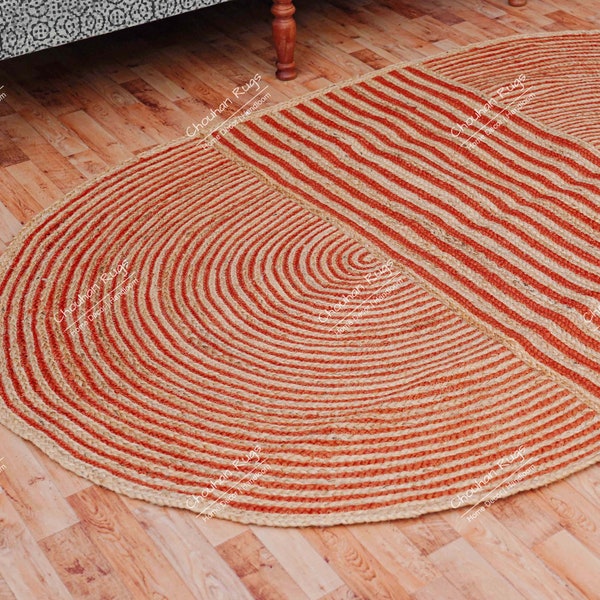Hand Braided Natural Jute Rug with Orange and Pink Color Stripes Oval Shape Rug Home Decor Vintage Area Rug Traditional Indian Handmade Rug