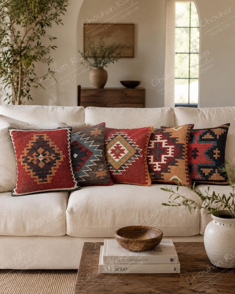 May include: Five square throw pillows arranged on a cream sofa, each featuring distinct geometric patterns in red, blue, brown, and black. The designs include diamond and cross motifs, showcasing a woven texture across the set of decorative cushions.
