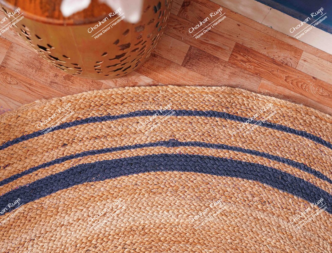 Indian Handmade Natural Jute Braided Round Rug With Navy Blue