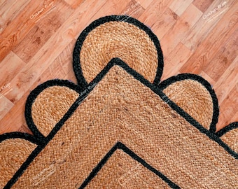 Black Scallop Border Jute Runner Rug, Bohemian Hallway Decor Runner With Scallop Design, Nursery/Farmhouse Decor Custom Size Natural Fiber