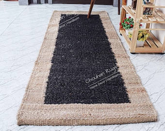 Handwoven Hemp Jute Runner Rug, Black Center Stripe Natural Fiber Rug, Boho Farmhouse Hallway Runner, Rustic Entryway Decor Carpet