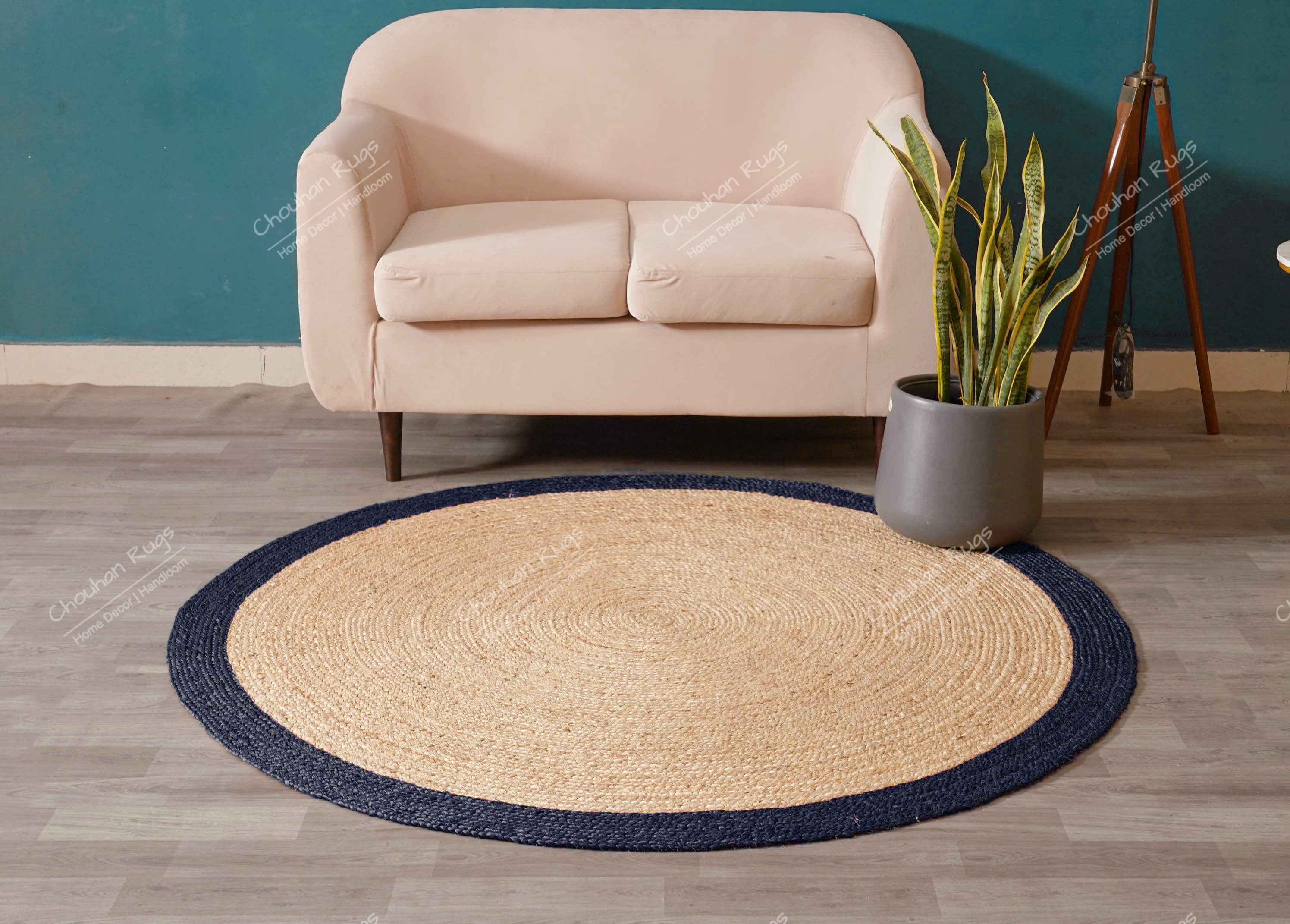 Handmade Natural Jute Round Area Rug With Navy Blue Border, Indian