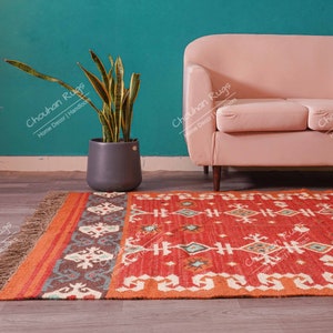 Alfombra de lana y yute hecha a mano, alfombra Kilim Dhurrie, ALFOMBRAS DE YUTE tradicionales indias/LANA imagen 4