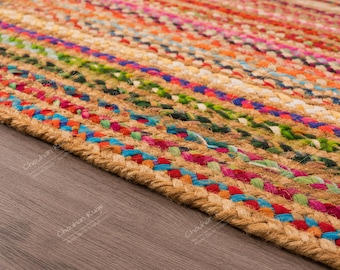Handmade Jute Area Rug: Bohemian Colorful Braided Accent, Bohemian Multicolor Hand Braided Bedroom Decor Runner, Custom Jute and Cotton Rug
