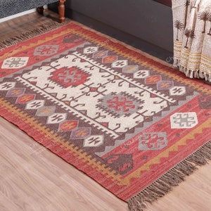 Wool and Jute Rug Handmade, Kilim Dhurrie Rug, Traditional Indian/WOOL JUTE RUGS, Kilim Wool and Jute Rug Handmade Kilim Dhurrie Rug gift