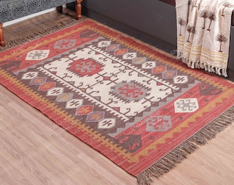 Wool and Jute Rug Handmade, Kilim Dhurrie Rug, Traditional Indian/WOOL JUTE RUGS